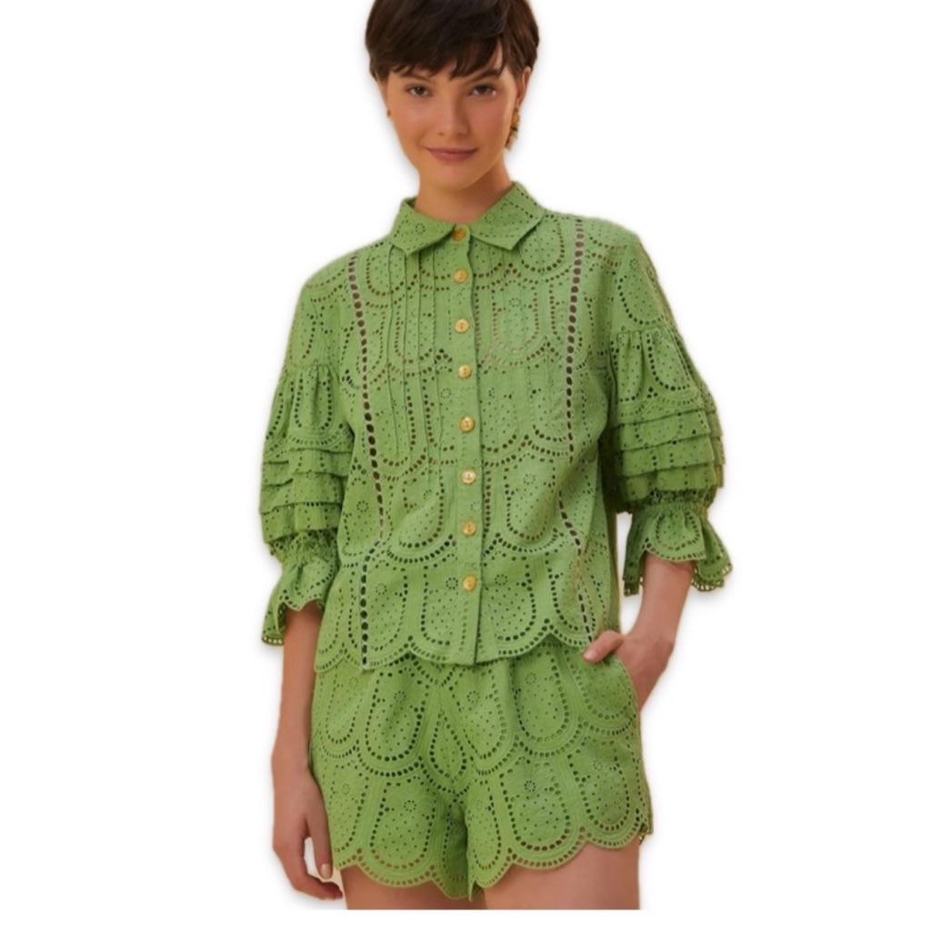 Farm Rio Embroidered Pineapple Eyelet Shorts Women’s Small Green Anthropologie